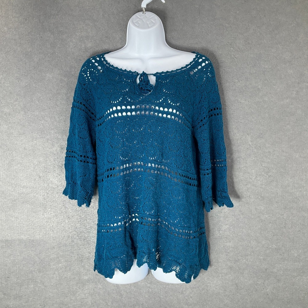 Lucky Brand Crochet Knit Top Keyhole 3/4 Sleeve Teal Blue Size L